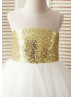 Sheer Neckline Light Gold Sequin Ruffle Tulle Tea Length Flower Girl Dress